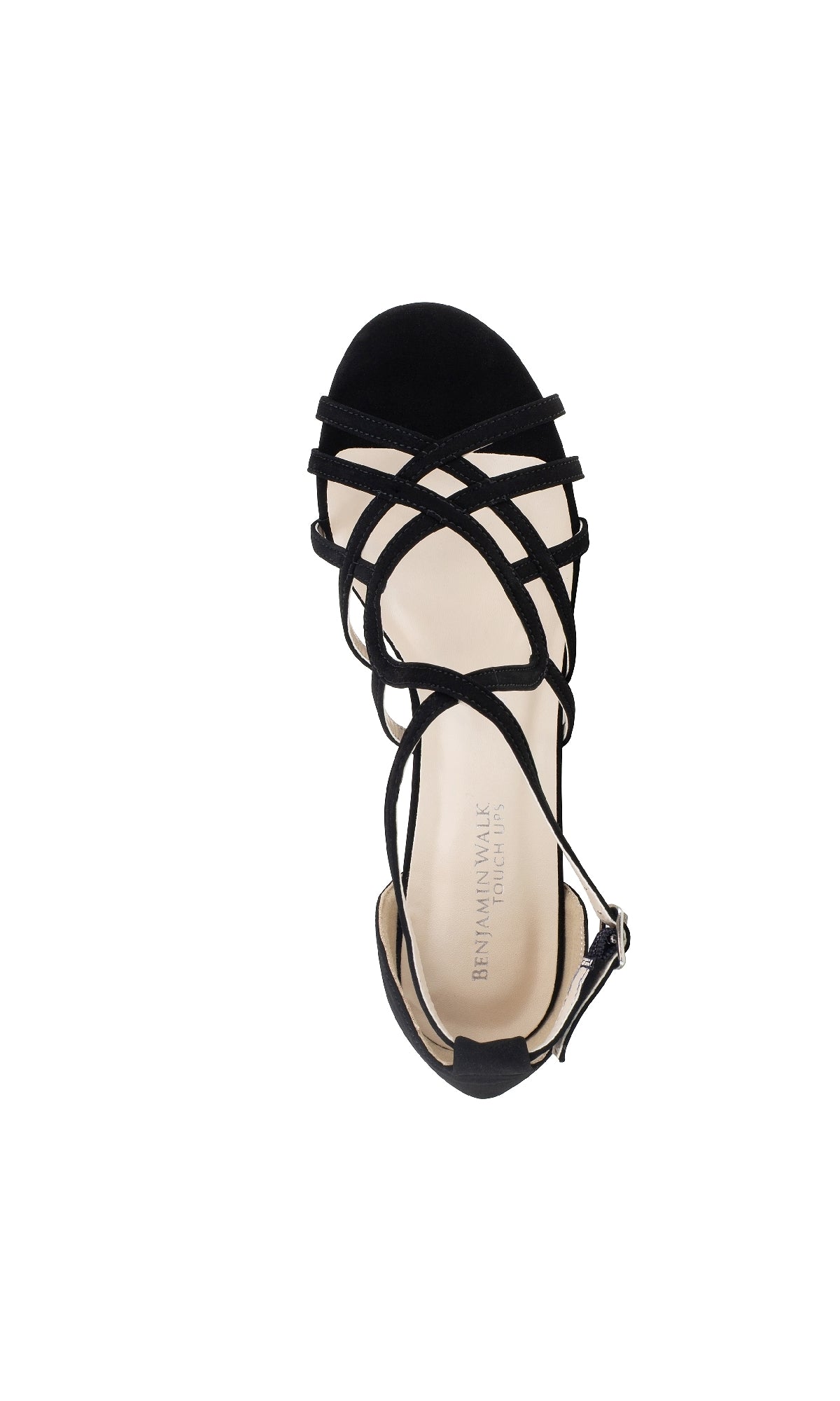 The Lupe Black Prom Dress Shoes: Touch Ups 4623 is a black strappy open-toe sandal with buckle closure, seen from above and branded on the insole—ideal as black or low heel prom shoes for special occasions.